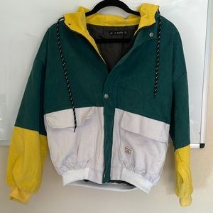 Zaful Colorblock Corduroy Hooded Jacket, Green/Yellow/White, Size:Women’s M